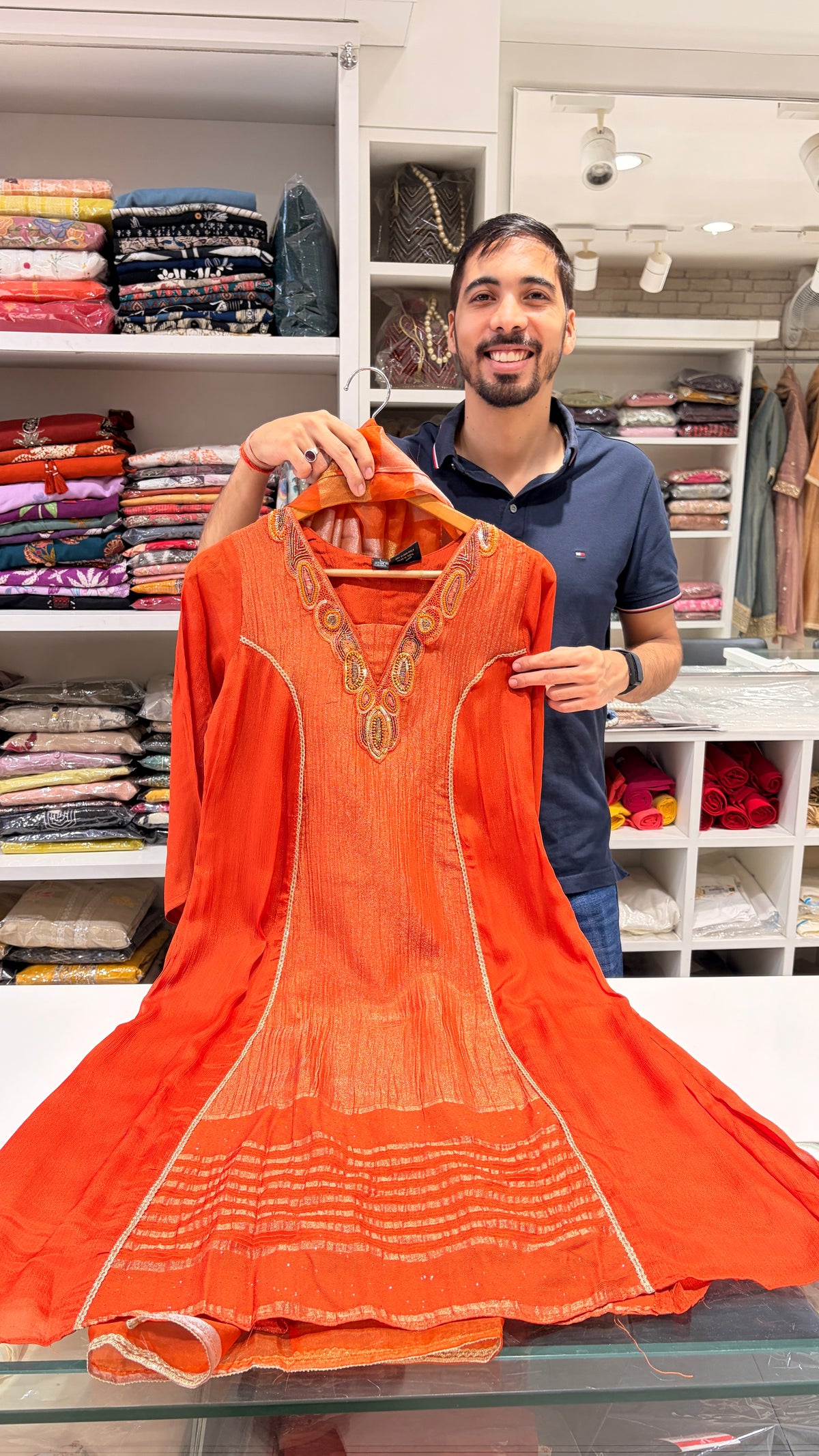 Orange shimmer suit